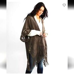 BUCKLE BLACK FRINGE CARDIGAN SWEATER OPEN FRONT MAJOR BROWN WOMEN OS BOHO LAYER